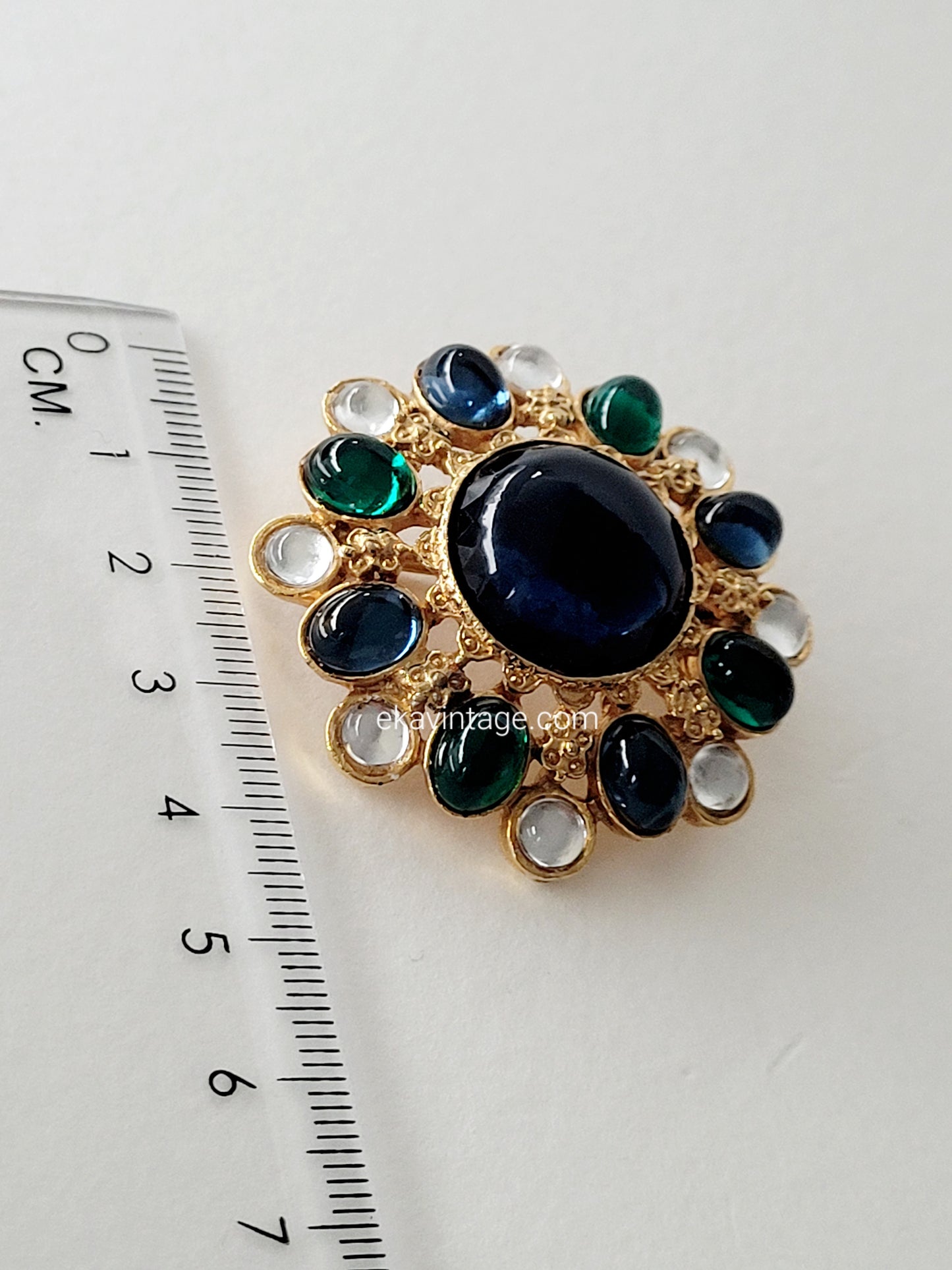 Broche vintage - Cabochon en verre bleu