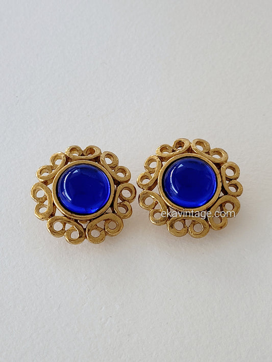 Yves Saint Laurent - Boucles d'oreilles vintage cabochon bleu