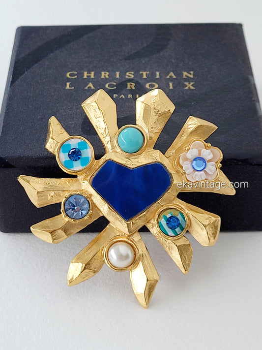 Christian Lacroix - Grande broche vintage Cœur bleu