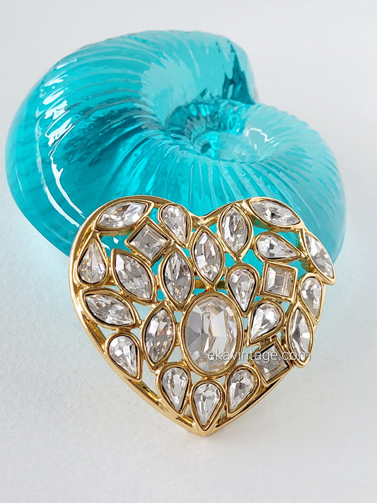 Yves Saint Laurent - Grande broche vintage cœur cristaux blancs