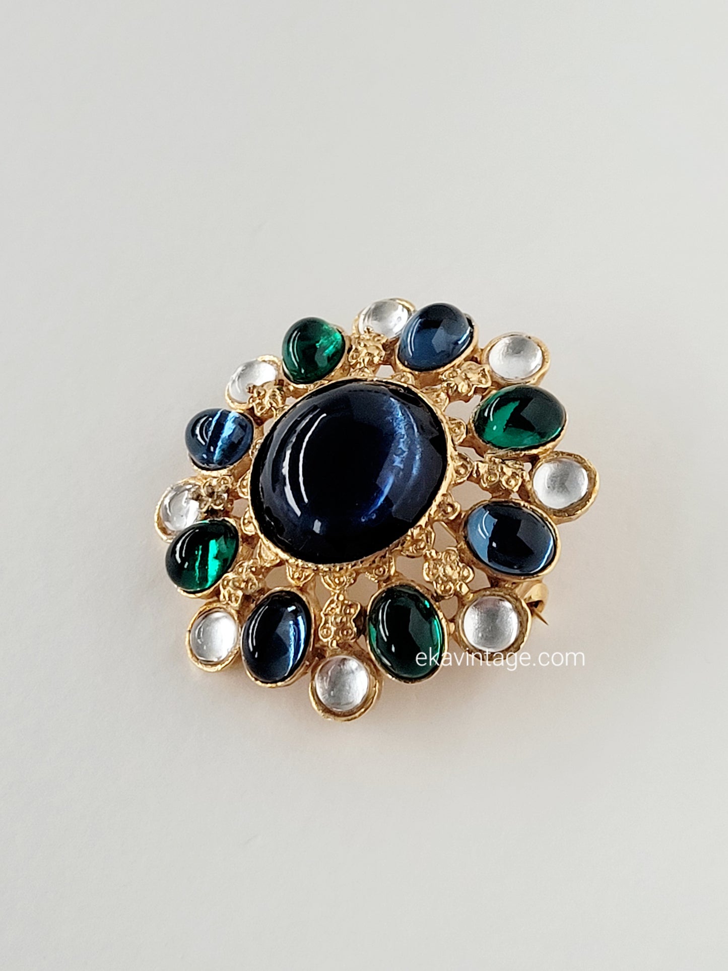 Broche vintage - Cabochon en verre bleu
