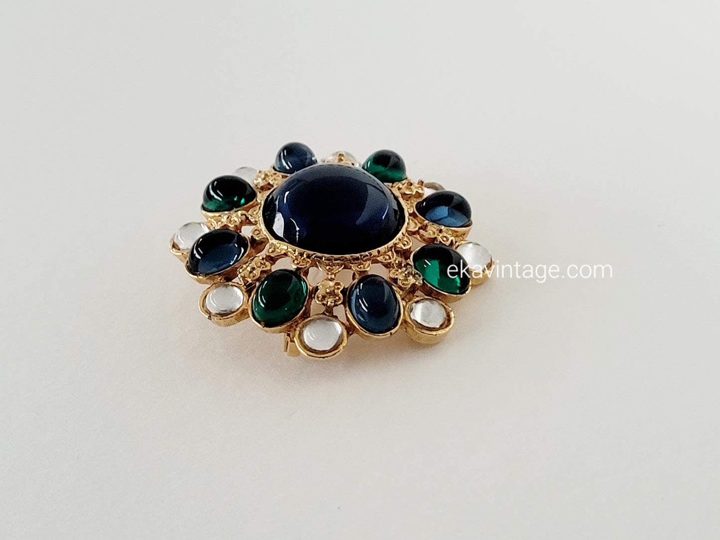 Broche vintage - Cabochon en verre bleu