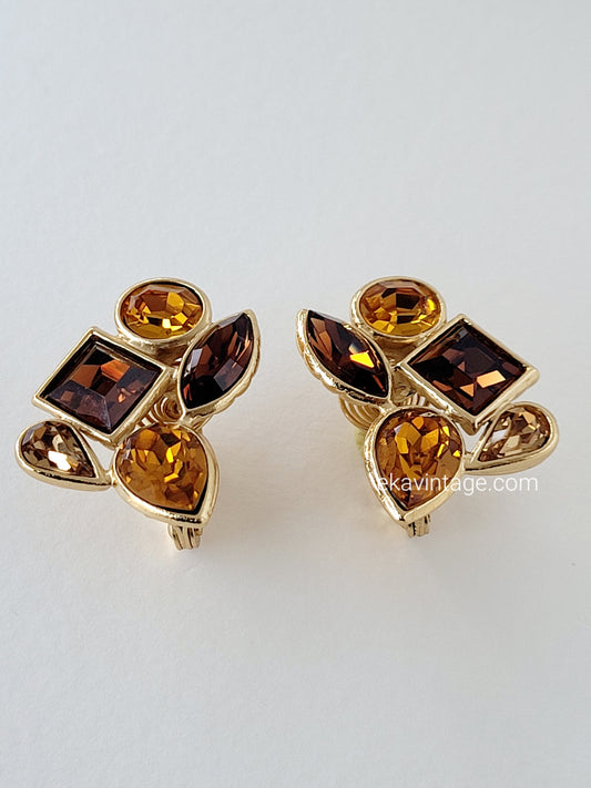 Yves Saint Laurent - Boucles d'oreilles vintage Cristaux marrons