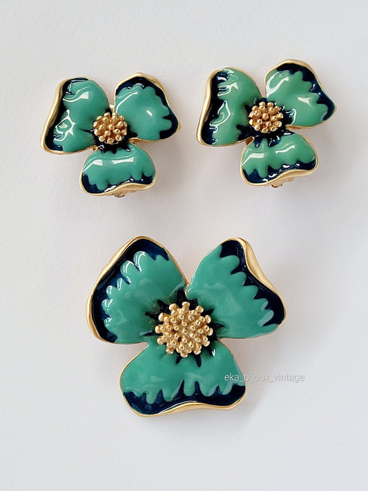 Parure vintage - Broche et boucles d'oreilles Fleur