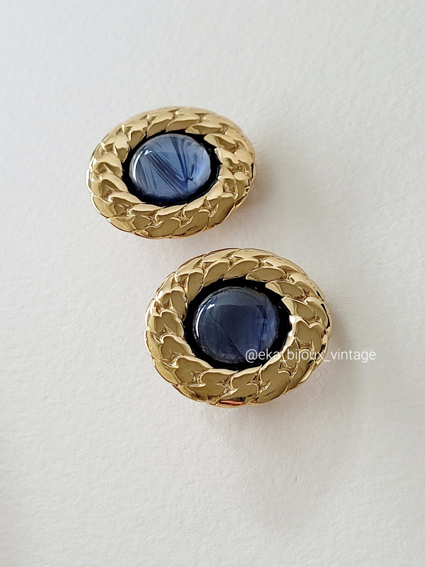 Boucles d'oreilles vintage - Cabochon en verre bleu