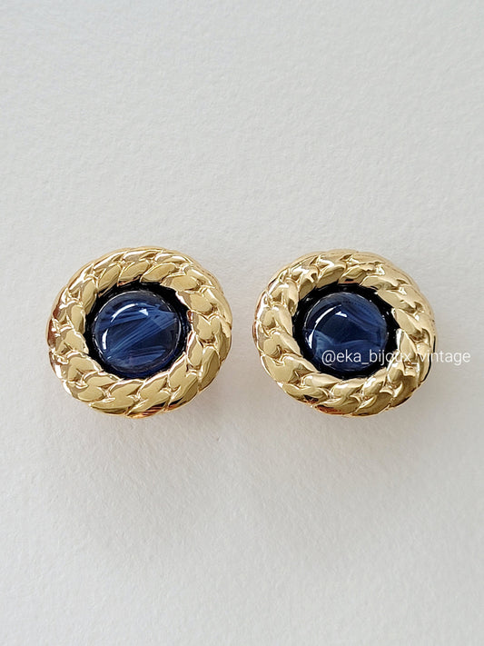 Boucles d'oreilles vintage - Cabochon en verre bleu