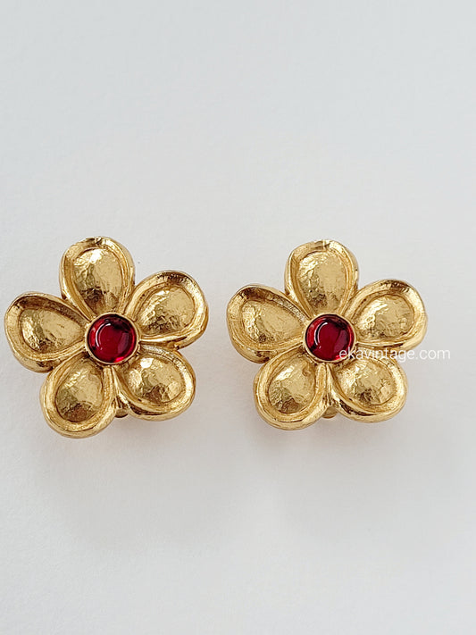 Kenzo - Boucles d'oreilles vintage Fleur cabochon rouge