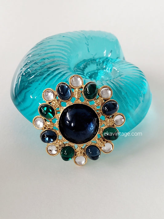 Broche vintage - Cabochon en verre bleu