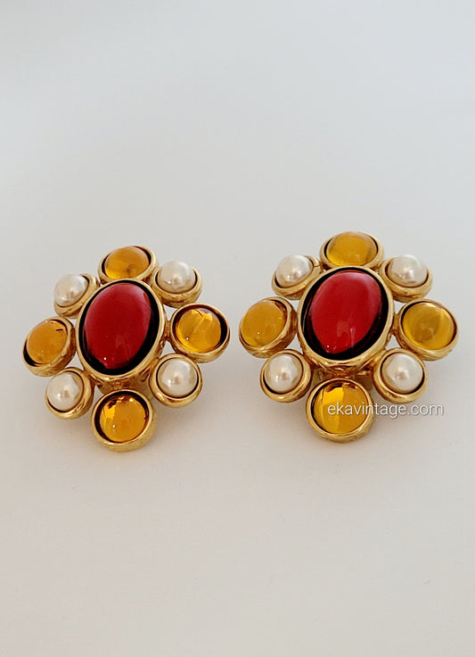 Yves Saint Laurent - Boucles d'oreilles vintage Cabochons rouges