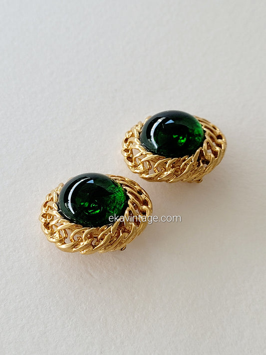Chanel - Boucles d'oreilles vintage Cabochons verts