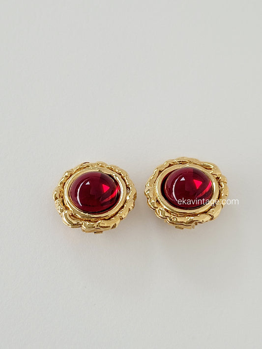 Boucles d'oreilles vintage-Cabochon rouge